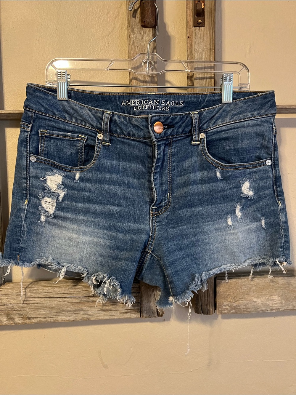 American Eagle Outfitters Sz 12 Midi Distressed Dark Blue Jean Shorts